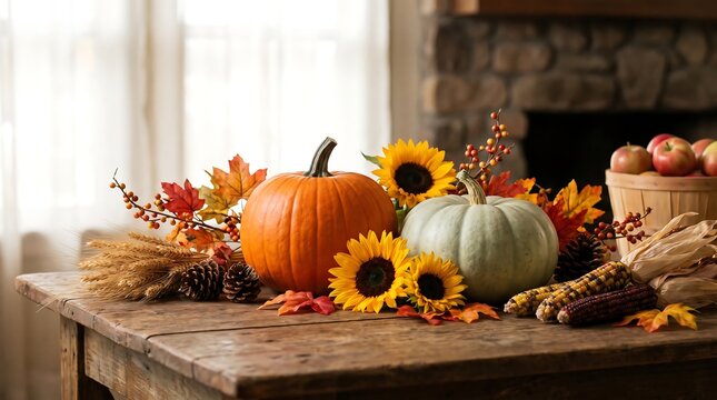 Autumn still life arrangement with pumpkins sunflowers and fall foliage on a rustic wooden tabletop