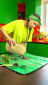 Household plant enthusiast prepares potting mix for indoor plant repotting, home gardening, substrate preparation, healthy root care, horticulture routine.