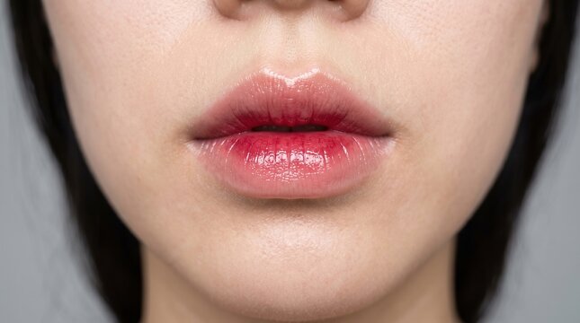 Frontal macro close up of plump glossy female lips with gradient red lip tint