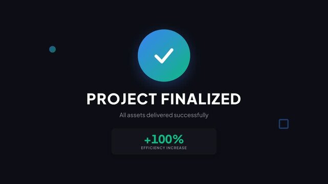 Project completion animation, colorful geometric shapes appearing with text 'Project Finalized' and efficiency increase percentages, symbolizing success, achievement, and business productivity