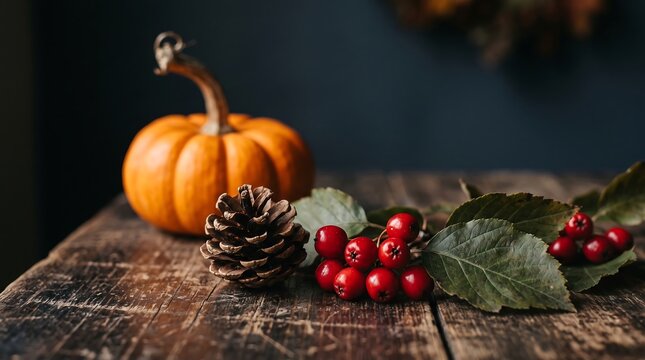 Autumn still life composition featuring a small pumpkin pinecone red berries and green leaves on a wooden surface