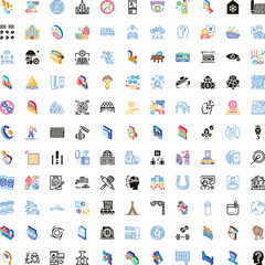 Fototapeta premium Organized grid displaying a vast range of conceptual flat line icons, illustrating common themes, abstract ideas, business concepts, lifestyle objects, and digital services