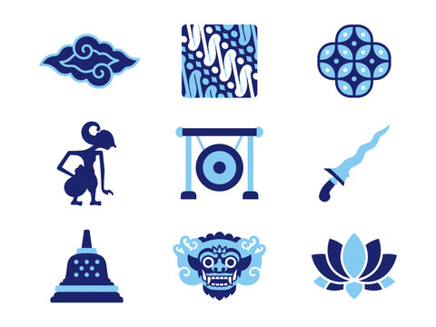 Indonesian Cultural Heritage Vector Icon Set: Batik Patterns, Wayang, Gong, Keris, Borobudur Stupa, and Barong Mask