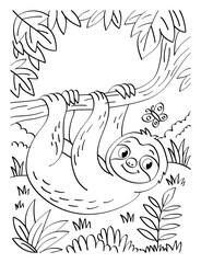 Naklejka premium Cute sloth in its natural habitat, black and white A4 coloring page for preschoolers with text space. One of 20+ matching animal pages in one style for kids books and print.