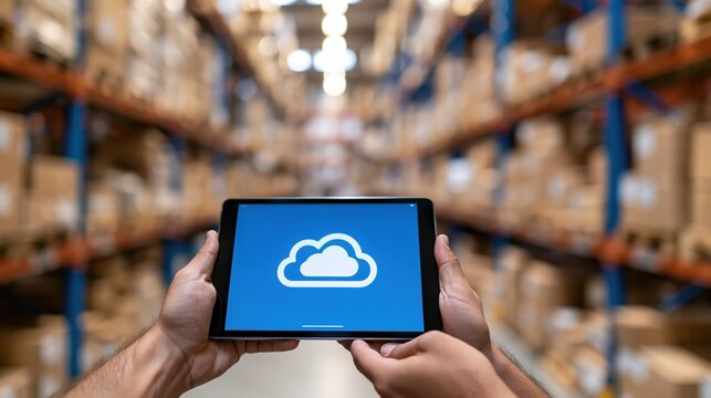 Hands holding tablet displaying cloud icon in a modern warehouse with stacked shelves and boxes