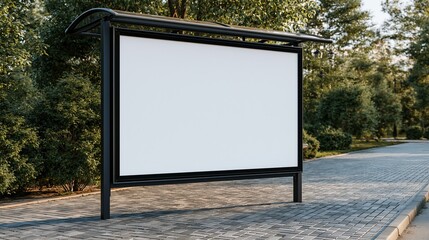 Fototapeta premium Blank outdoor advertising billboard in a park setting with green trees and paved walkway