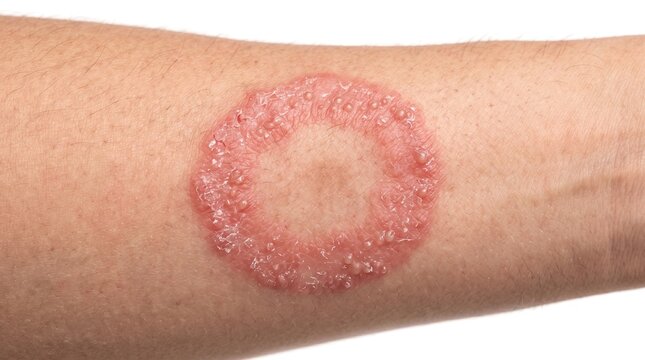 Close Up of Ringworm Tinea Corporis Fungal Infection with Circular Raised Red Rash on Arm