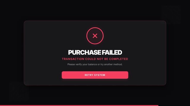 Purchase failed transaction error message on black background with red button, symbolizing payment failure, error, and transaction decline.