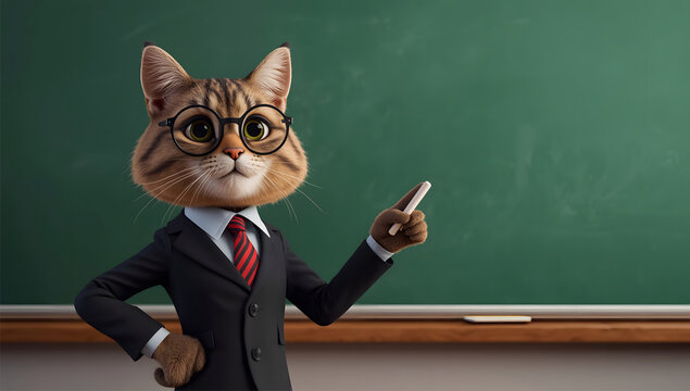 Portrait of cat teacher with chalk in hand on dark green board background