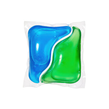 Single blue and green laundry detergent pod with clear plastic packaging, captured on a clean white background with soft lighting