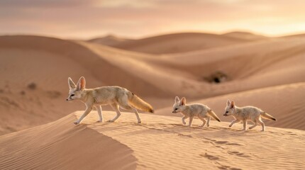 Naklejka premium Desert Expedition: Three fennec foxes, distinguished by their large ears and sandy-colored fur, traverse the undulating sand dunes of a desert landscape under a soft, golden sunset sky.