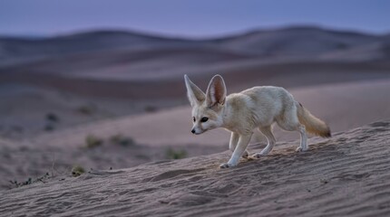 Naklejka premium Desert Fox Wanderlust: A fennec fox, with its distinctive large ears, navigates the sandy dunes of the desert at dusk, embodying resilience and adaptation in its arid environment.