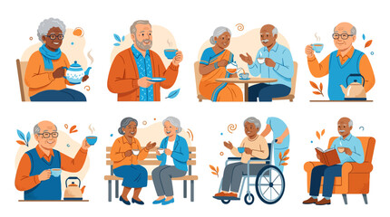 Fototapeta premium Sticker set of elderly people in various social activities.