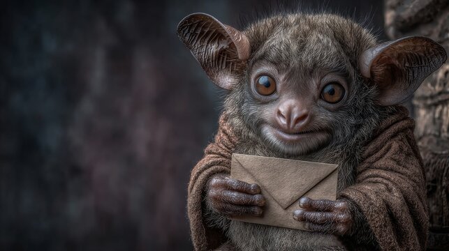 Against a dark, hazy background, an anthropomorphic tarsier stands upright, its upper body protruding. With large ears, round eyes, and a gentle expression, it holds a light brown envelope 