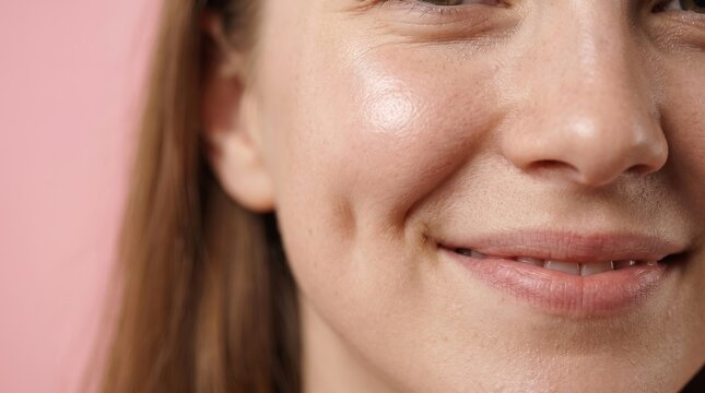 Close up shot of smiling woman cheek showcasing cute dimple and natural glowing skin texture