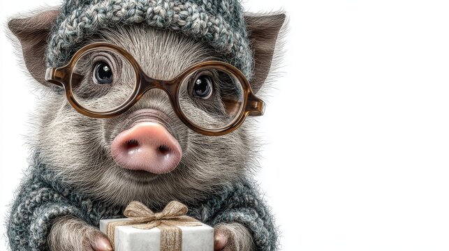 This is an adorable anthropomorphic animal portrait. The fluffy pig is wearing a knitted hat and thick-rimmed glasses, dressed in a knitted sweater, and holding a white gift box tied 