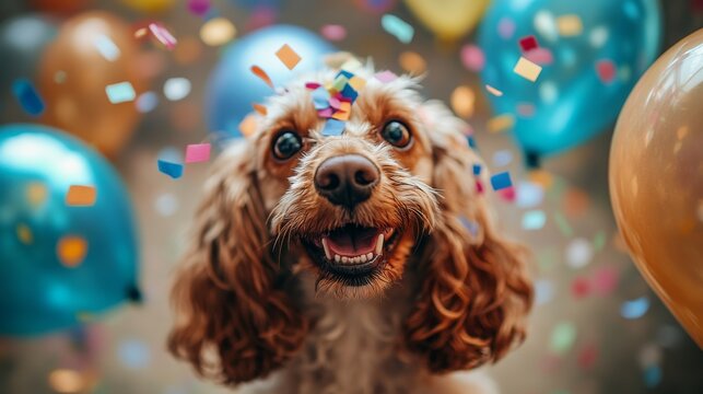In the video, a brown curly-haired Cocker Spaniel is happily showing its teeth at the camera, with colorful sequins and confetti floating in the air. The background is blurred with festive balloons 