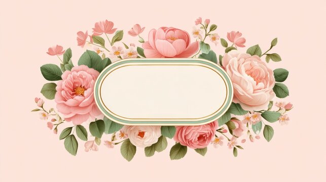 The design features a light pink background surrounded by various pink roses, green leaves, and small flowers, with a blank oval label frame with a thin green border at the center. 