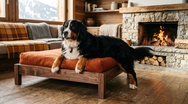 Bernese Mountain Dog Relaxing by Fireplace: A majestic Bernese Mountain Dog lounges on a cushioned ottoman in a cozy, rustic living room, with a warm fire crackling in the stone fireplace.