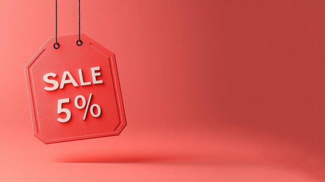 Against a uniform pure red background, an octagonal red price tag is suspended in the air by two thin hanging lines. The tag is printed with the eye-catching white text "SALE 5%". The overall picture 
