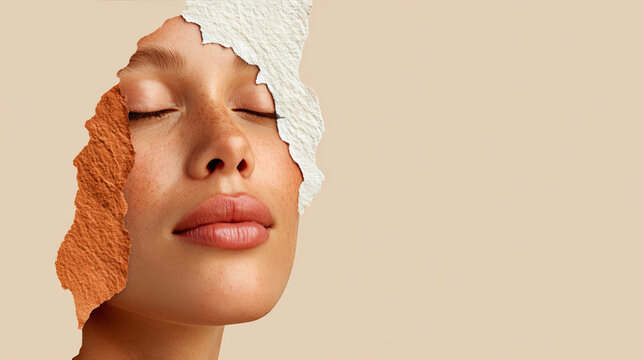 Against a light beige background, a woman with her eyes closed reveals half of her face. Orange and white frayed textured materials are spliced ​​on both sides of her cheeks. 