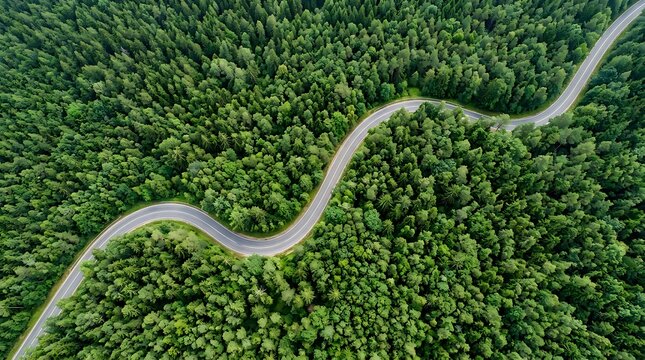 Aerial top view of a winding asphalt road curving through a dense green pine forest in summer