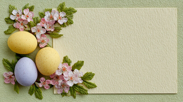 Three pastel-colored decorative eggs sit at the top left corner, paired with delicate pink blossoms and green leaves, set against a light green textured background with a large blank area reserved 