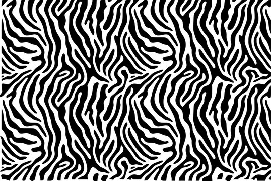 Seamless black and white zebra print pattern featuring bold wavy stripes for fashion and textile