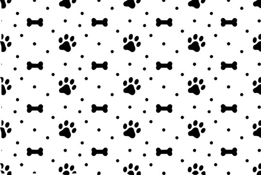 Seamless pattern featuring black dog paw prints and bones on a white background for pet themed and decor
