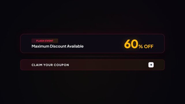 Sale promotion announcement with dynamic discount offer, flash event notification with percentage off, and coupon claim button, symbolizing urgency, savings, and marketing strategy.
