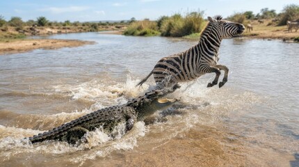 Naklejka premium Predator and Prey in the Wild: A dramatic moment unfolds as a crocodile lunges at a zebra crossing a river, showcasing the raw power and instinct of nature in its most untamed form.
