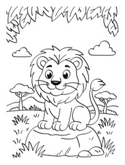 Cute lion in a savanna, black and white A4 coloring page for preschoolers with text space. Collection of 20+ matching animal pages in one style for kids books and commercial printing. © Anna SV