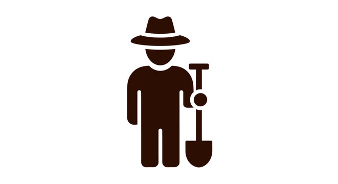 Farmer icon with shovel vector illustration, agricultural worker silhouette, gardener with spade tool, brown farm laborer symbol