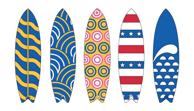 Set of five colorful surfboards with various patterns isolated on a white