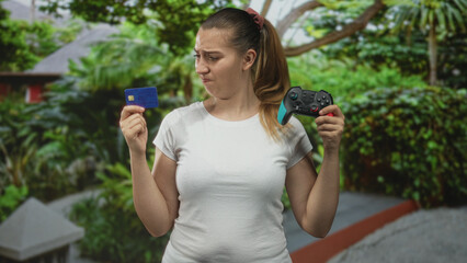 Woman holding a gamepad and blue credit card, shrugging in forest setting wearing white t shirt  doubt indecision. © Krakenimages.com