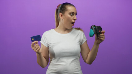 Woman holding a gamepad in right hand and showing a creditcard in left hand, open mouth surprised expression in studio  surprise spending decision. © Krakenimages.com