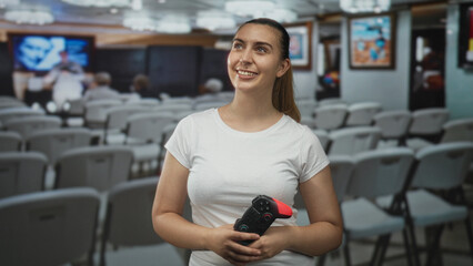 Woman holding gamepad smiling with head tilt in conference building with rows of chairs  joy relaxed gamer. © Krakenimages.com