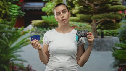Woman holding a gamepad and creditcard, puckering lips and tilting head with hands visible, wearing a white tshirt in building courtyard among plants  playful indecision. © Krakenimages.com