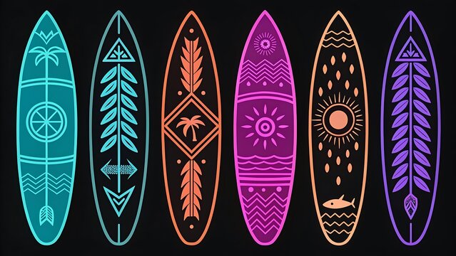 Colorful neon glowing outline surfboard illustration set on black background
