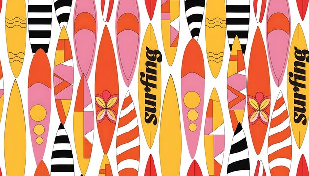 Seamless repeating pattern design featuring colorful tropical surfboards