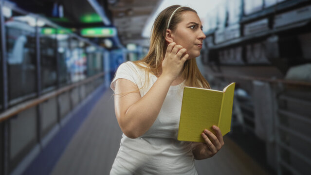 Woman holding a yellow book, touching cheek while reading on a train platform inside a building; pensive thought.