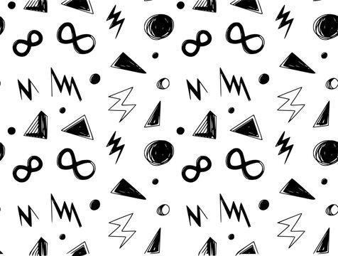 Seamless pattern with hand-drawn black and white geometric shapes including lightning bolts and infinity symbols
