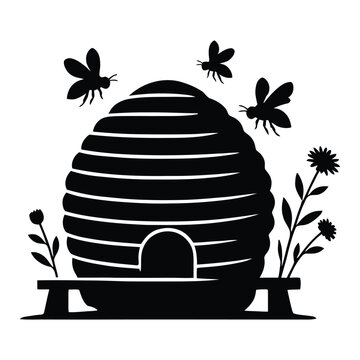 Beehive with flying bees and floral elements is depicted in black silhouette