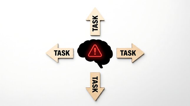 Overwhelmed human brain silhouette with red warning icon and arrows pointing to multiple tasks symbolizing burnout and cognitive overload