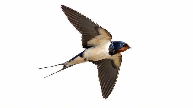 Barn swallow in mid-flight against white sky with wings spread and tail fanned out