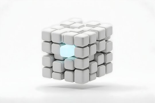 Abstract 3D cube made of smaller blocks with a glowing blue core on white background