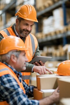 Two warehouse workers in safety vests and hard hats collaborating and checking inventory with a tablet