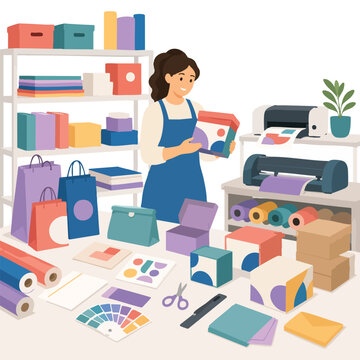 Flat vector illustration of a female graphic designer working on custom product packaging and branding in her studio. A woman in an apron holding a custom-designed box surrounded by colorful shopping 