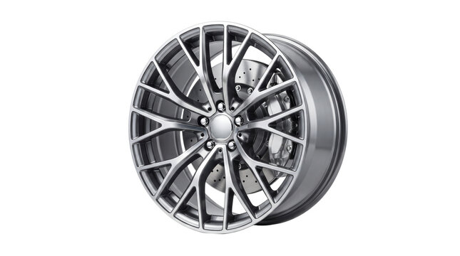 Modern alloy wheel with multi-spoke design, metallic silver car rim and brake disc, premium automotive performance wheel isolated PNG with Transparent Background