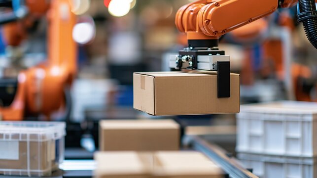 Automated robotic arm precisely lifting a cardboard box on an industrial conveyor belt in a modern factory